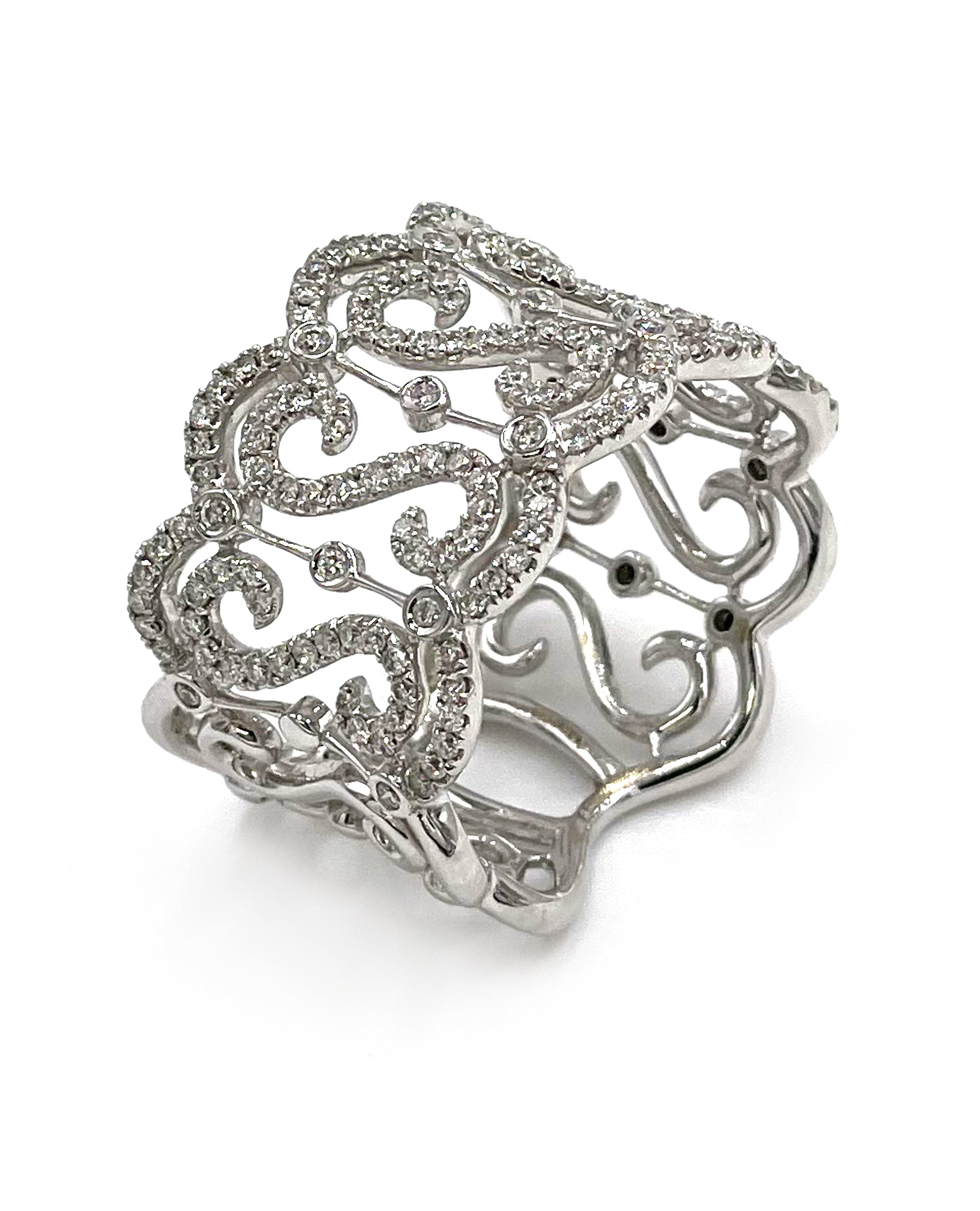 Wide 18K White Gold Ring with Repeating "S" Motif with Round Diamonds