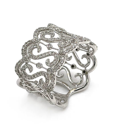 Vanna K Wide 14 Millimeter Diamond Ring in 18K White Gold with Repeating "S" Motif, Round Diamonds Totaling 0.69 Carats