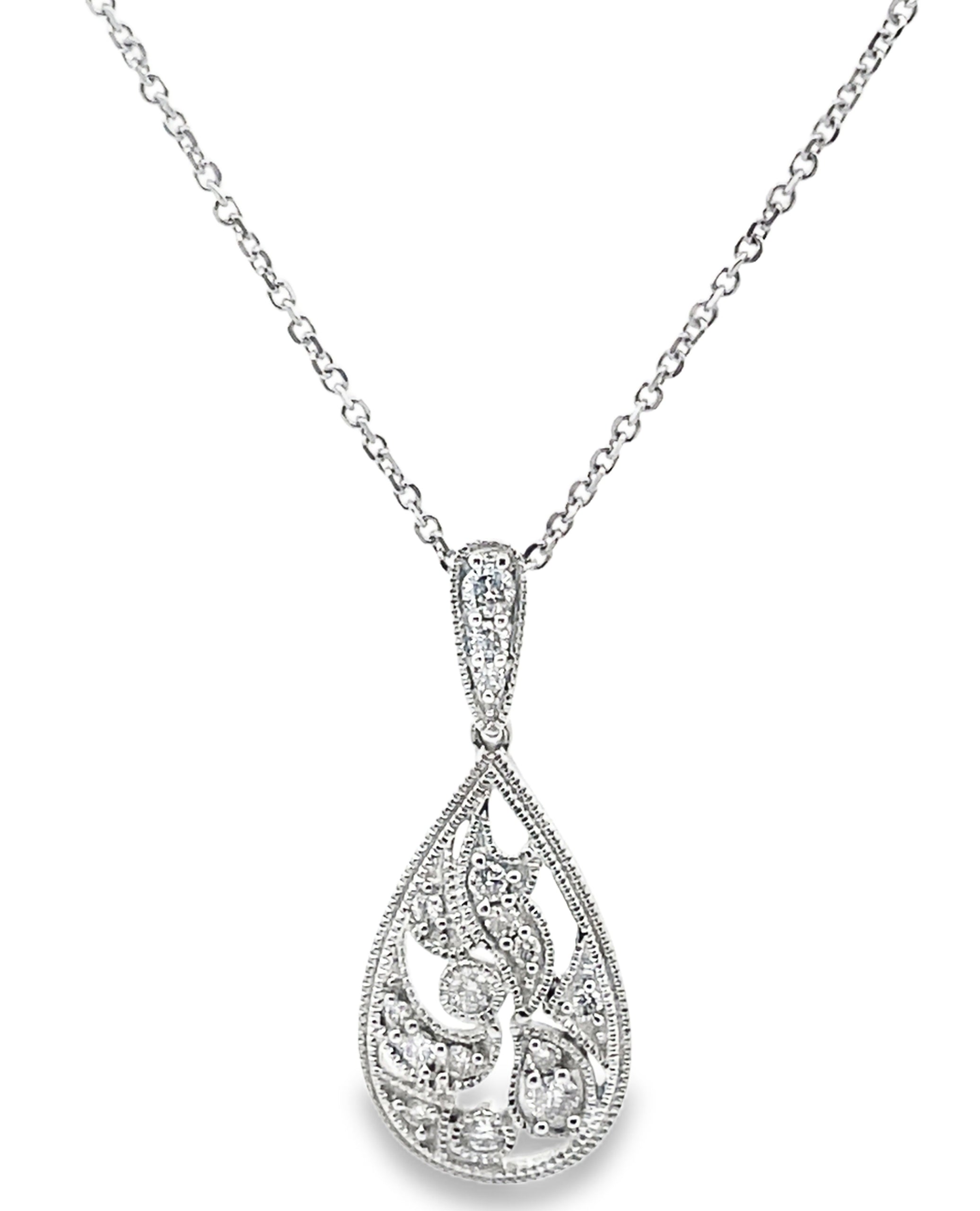 Pear Shape Diamond Drop Pendant Necklace 14K White Gold