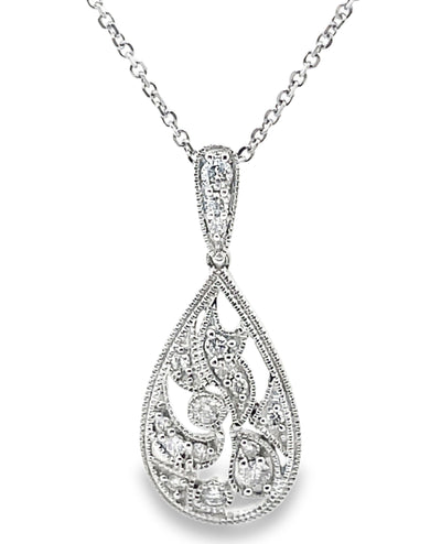 Pear Shape Diamond Drop Pendant Necklace 14K White Gold