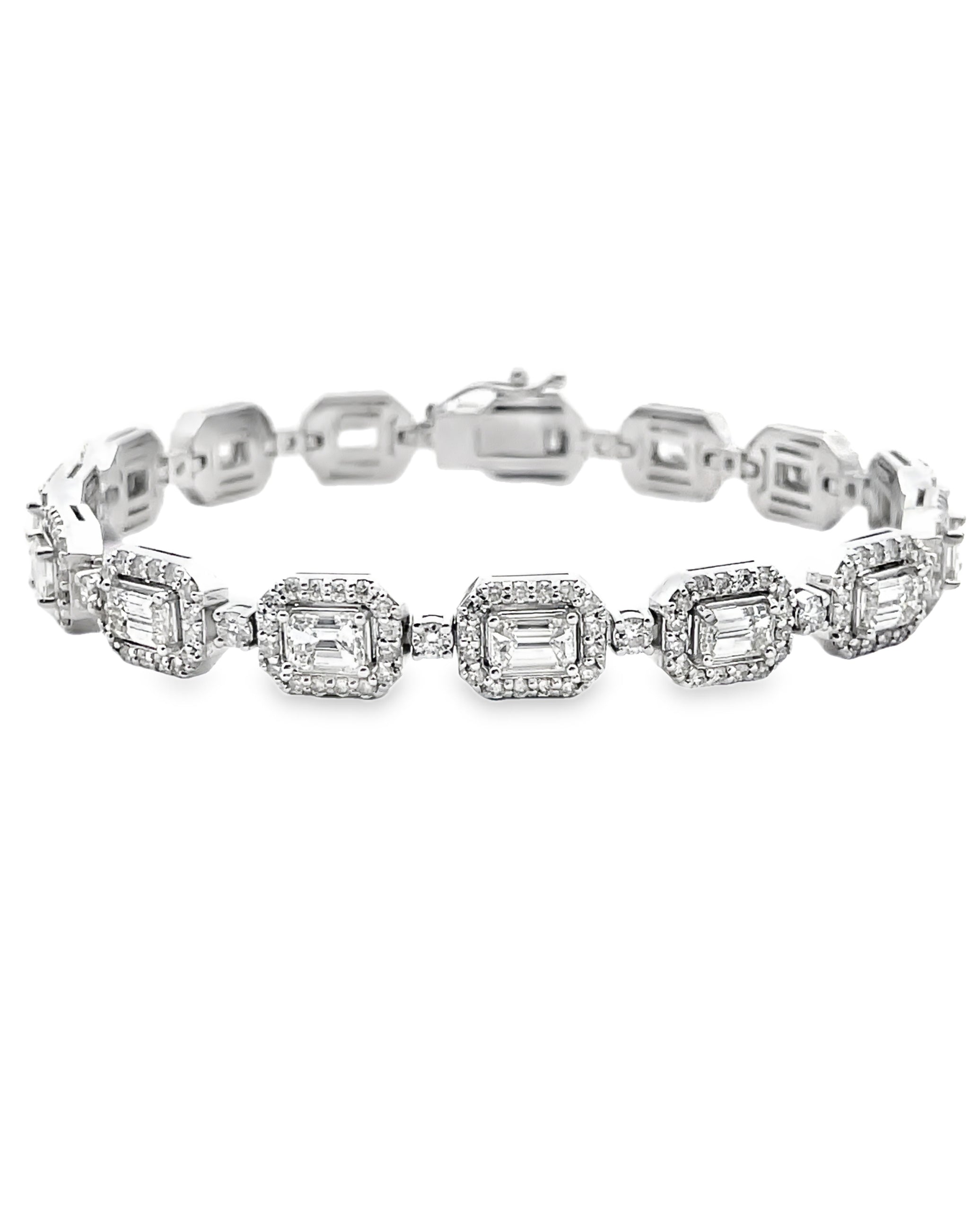 14K White Gold Round and Emerald Cut Diamond Bracelet