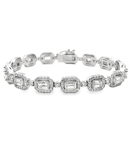 14K White Gold Round and Emerald Cut Diamond Bracelet