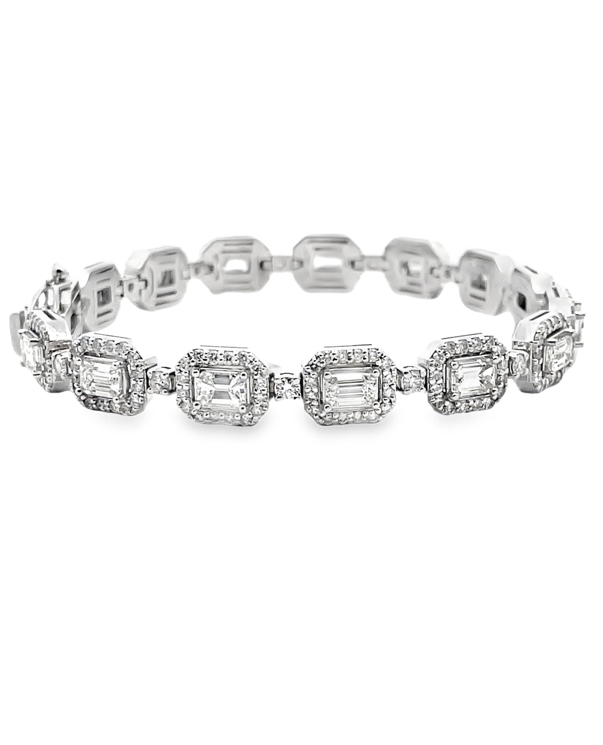 14K White Gold Round and Emerald Cut Diamond Bracelet