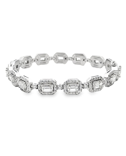 14K White Gold Round and Emerald Cut Diamond Bracelet