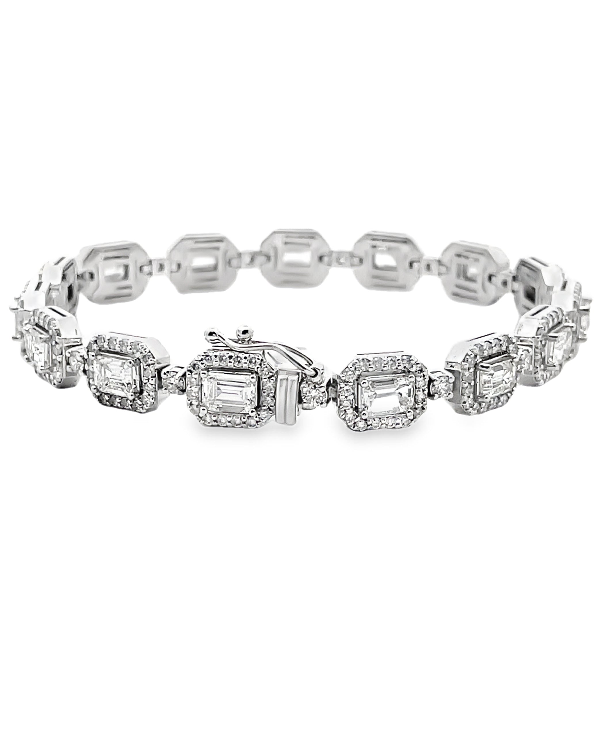 14K White Gold Round and Emerald Cut Diamond Bracelet