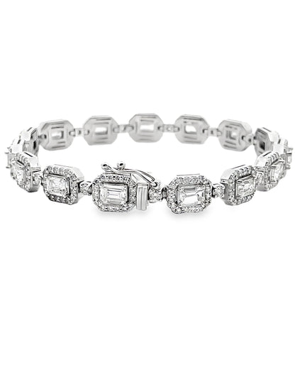 14K White Gold Round and Emerald Cut Diamond Bracelet
