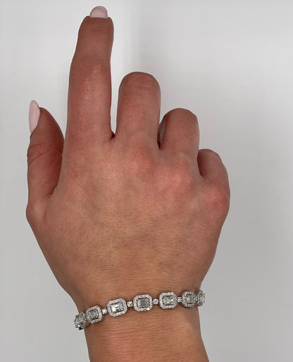 14K White Gold Round and Emerald Cut Diamond Bracelet