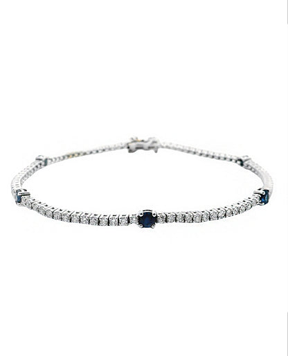 14K White Gold Tennis Bracelet with Round Diamonds and Sapphires