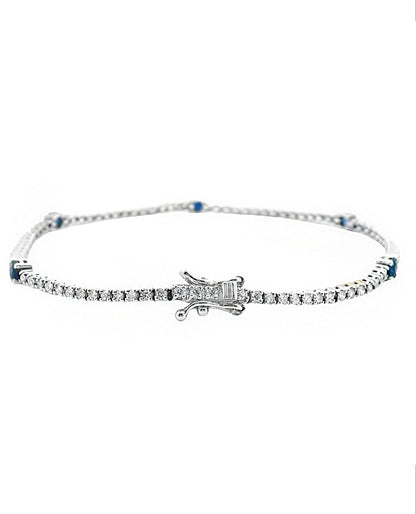 14K White Gold Tennis Bracelet with Round Diamonds and Sapphires