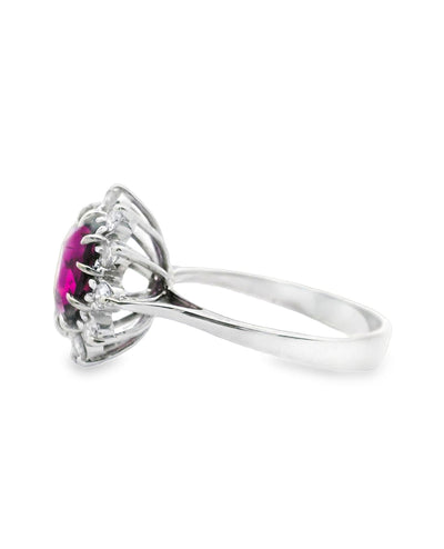 14K White Gold Halo Cocktail Ring with Rhodolite and Diamonds