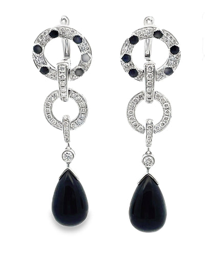 18K White Gold Onyx & Diamond Drop Earrings