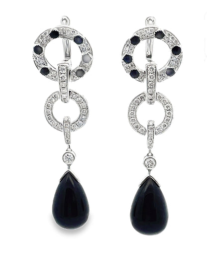 18K white gold drop earrings with European closure, onyx, an...