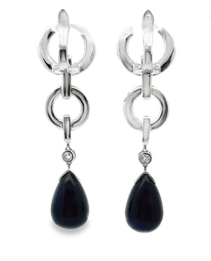 18K white gold drop earrings with European closure, onyx, an...