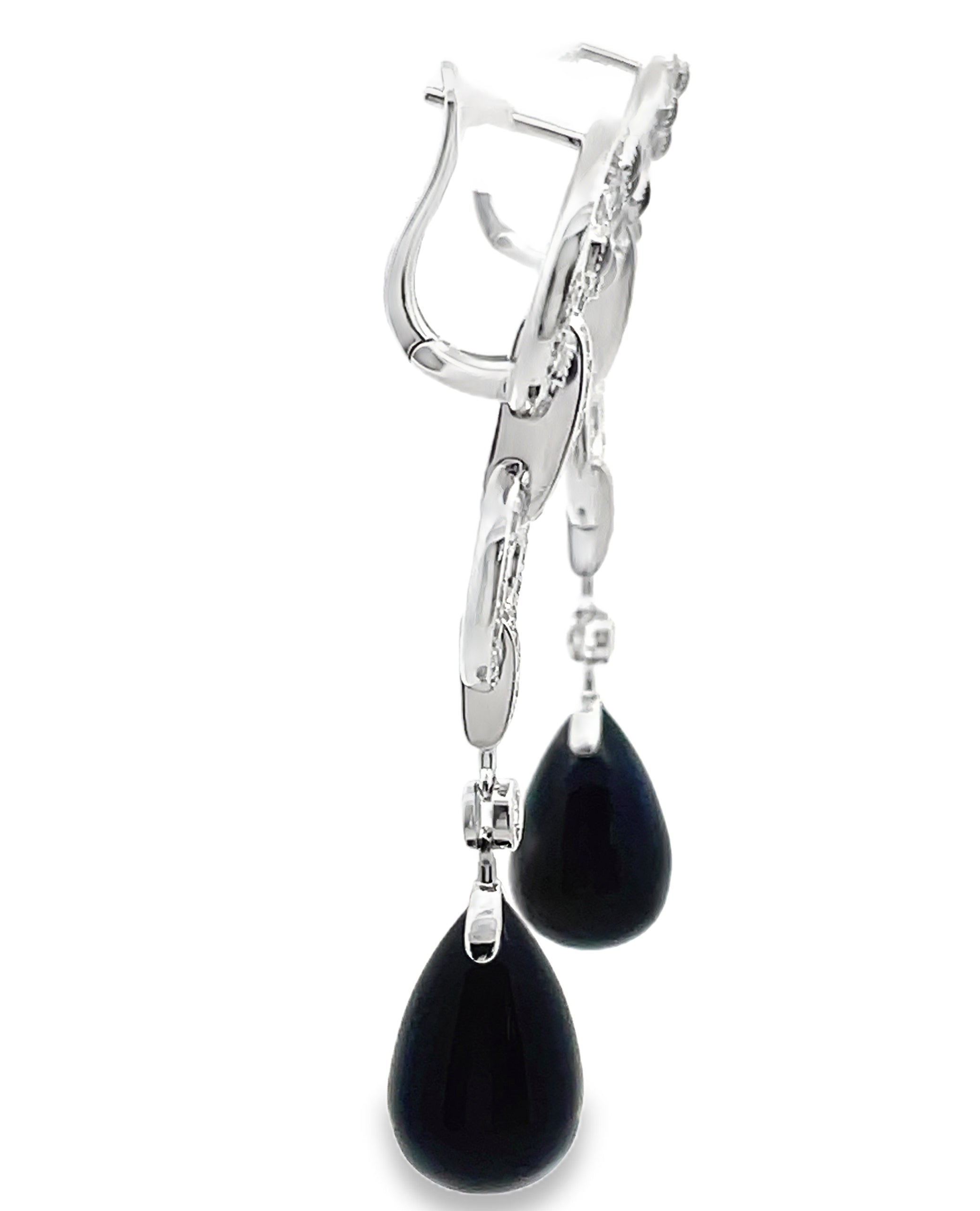 18K white gold drop earrings with European closure, onyx, an...