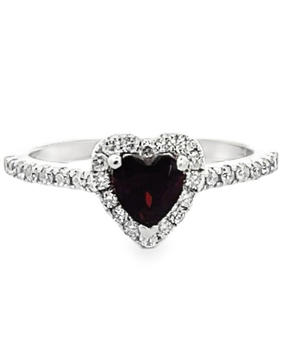 14K White Gold Ruby Heart Halo Ring with Diamonds