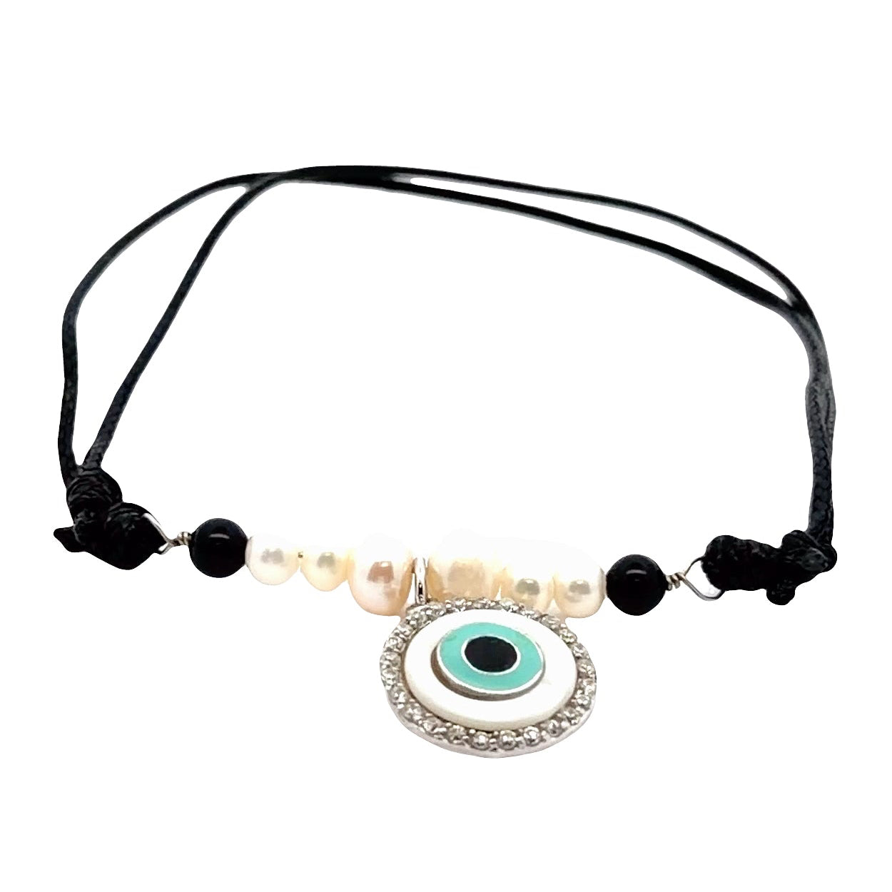 Sterling Silver Evil Eye Bolo Bracelet with Black Adjustable Cord, Cubic Zirconia, Black Onyx and Mother of Pearl
