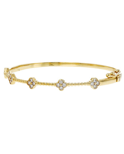 Allison Kaufman 14K Yellow Gold Diamond Four Leaf Quatrefoil Hinged Bangle Bracelet