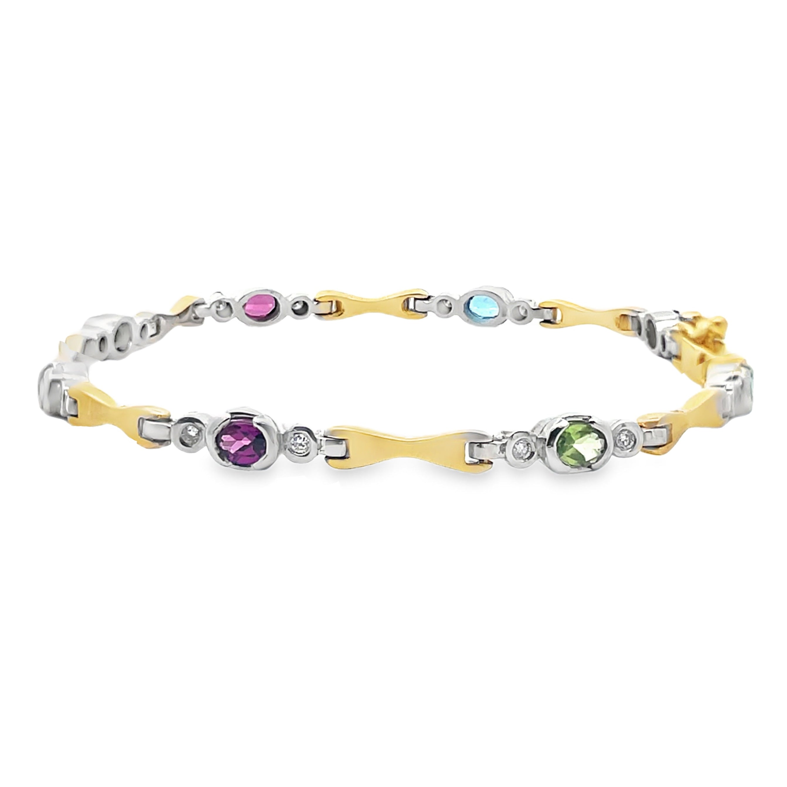 14K Two Tone Gold bracelet with 16 Round Diamonds Weighing 0.18 Carat and 8 Oval Multicolor Semiprecious Stones