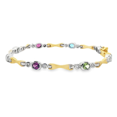 14K Two Tone Gold bracelet with 16 Round Diamonds Weighing 0.18 Carat and 8 Oval Multicolor Semiprecious Stones