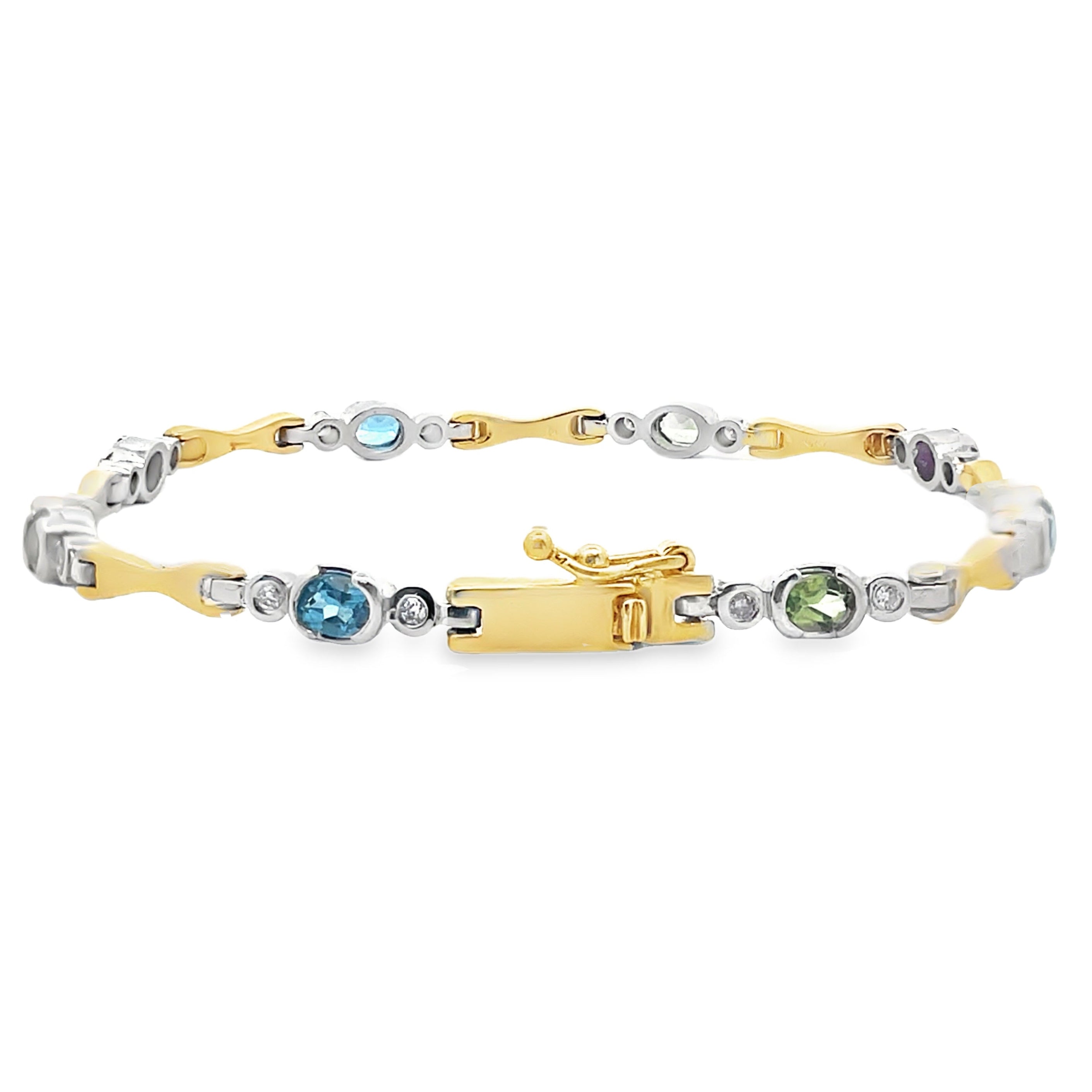 14K Two Tone Gold bracelet with 16 Round Diamonds Weighing 0.18 Carat and 8 Oval Multicolor Semiprecious Stones