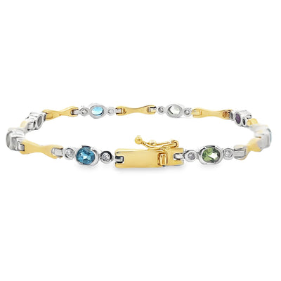 14K Two Tone Gold bracelet with 16 Round Diamonds Weighing 0.18 Carat and 8 Oval Multicolor Semiprecious Stones