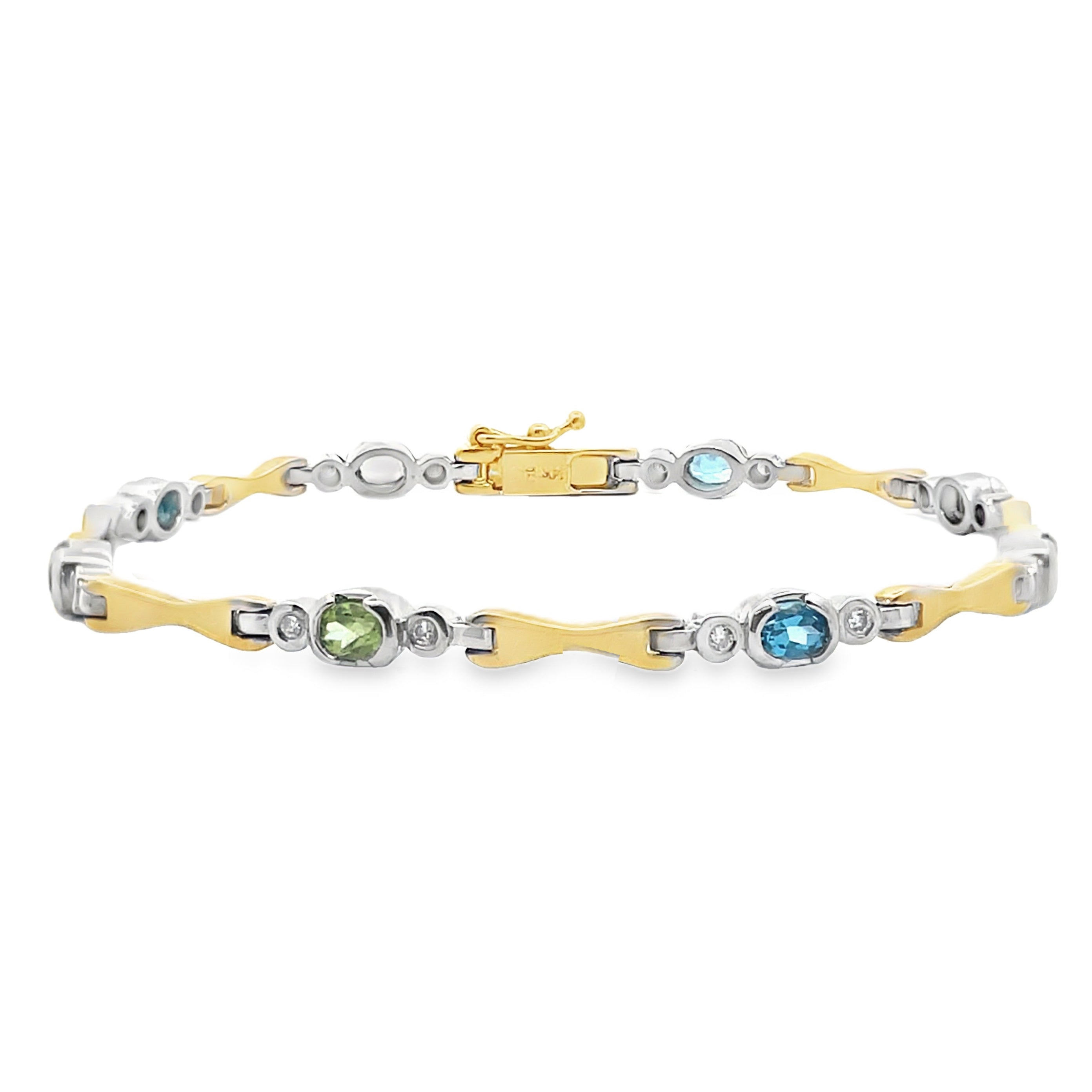 14K Two Tone Gold bracelet with 16 Round Diamonds Weighing 0.18 Carat and 8 Oval Multicolor Semiprecious Stones