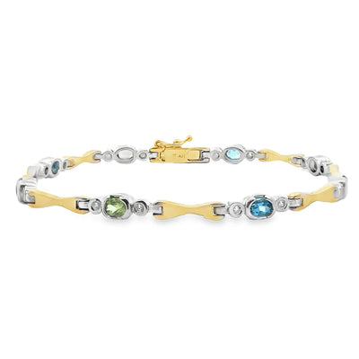 14K Two Tone Gold bracelet with 16 Round Diamonds Weighing 0.18 Carat and 8 Oval Multicolor Semiprecious Stones