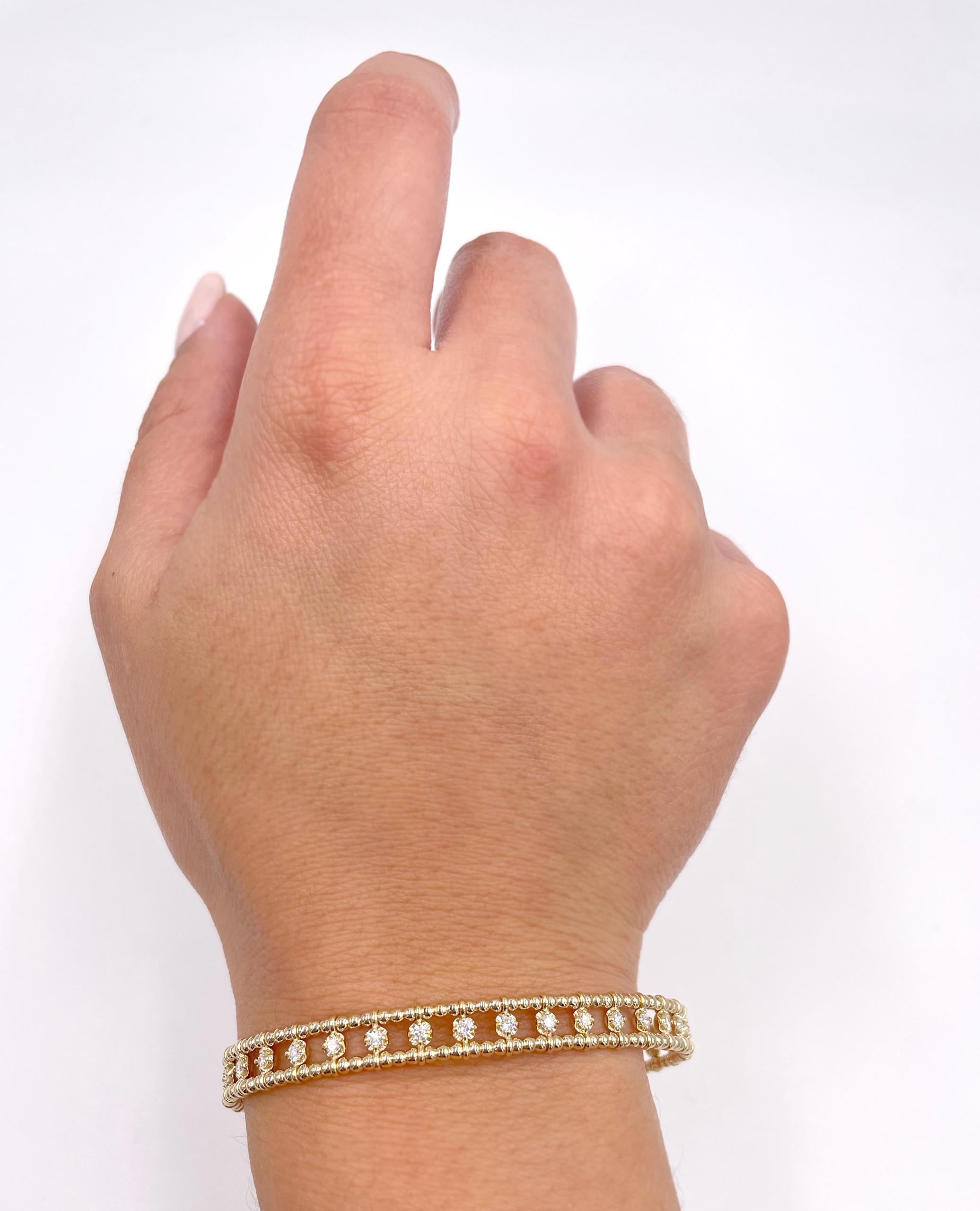 Semi Flexible Diamond Bangle Bracelet 14K Yellow Gold with Beading Detail