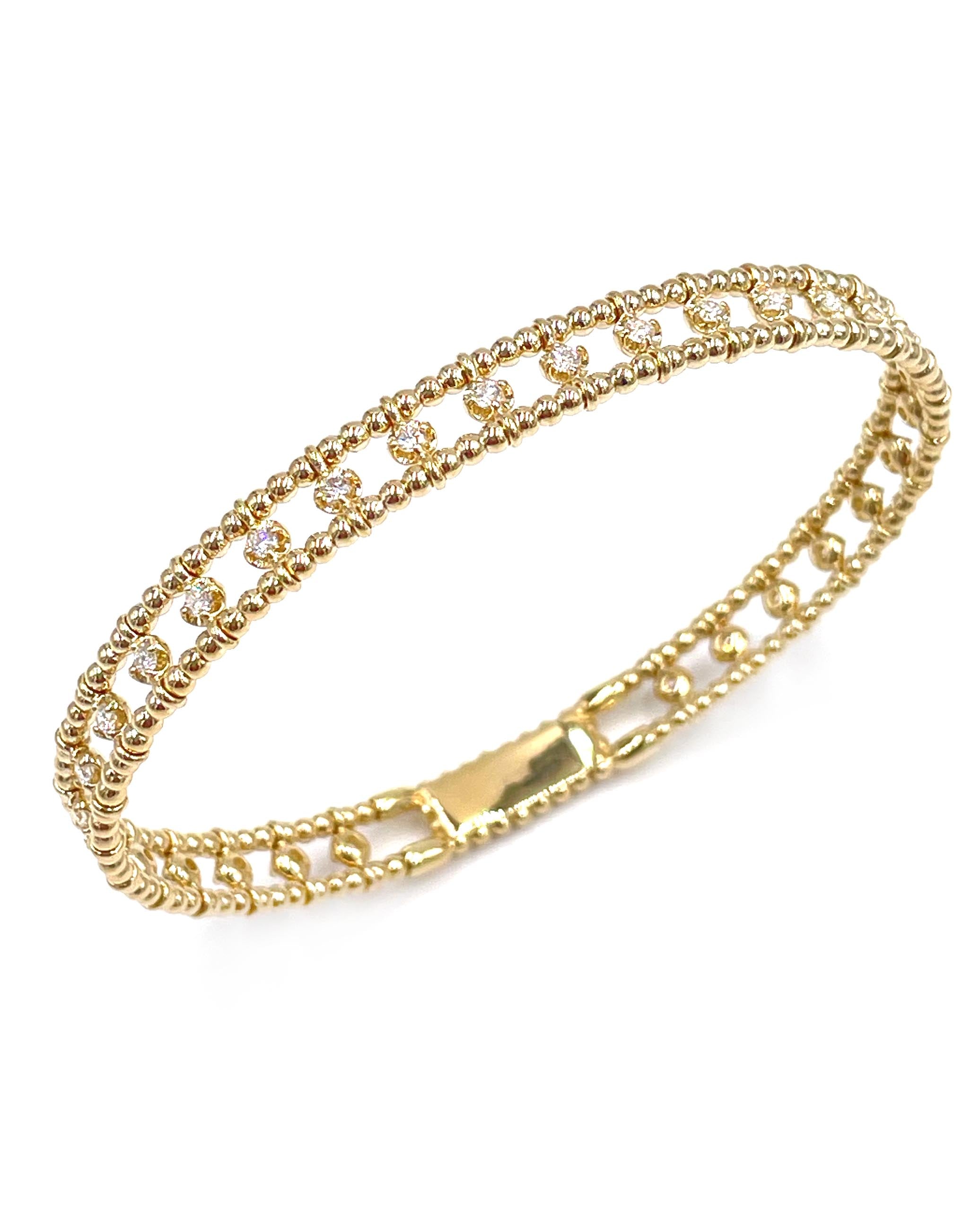 Semi Flexible Diamond Bangle Bracelet 14K Yellow Gold with Beading Detail