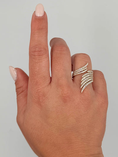 14K Yellow Gold Asymmetric Feathered Ring With Round Diamonds Totaling 1.37 Carats