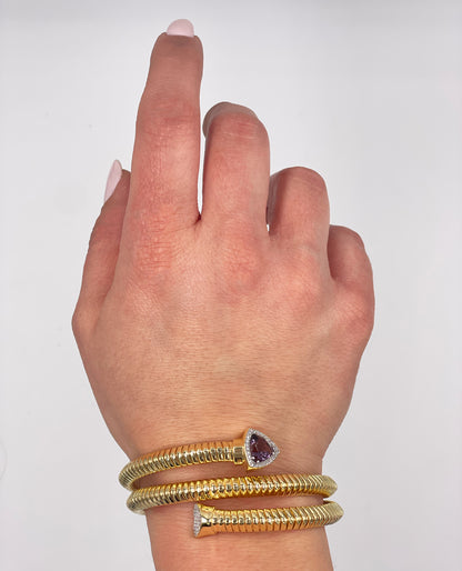 Marcello Pane Wrap Bangle Sterling Silver Bracelet with 18K Yellow Gold Overlay and Purple Triangular Cubic Zirconia