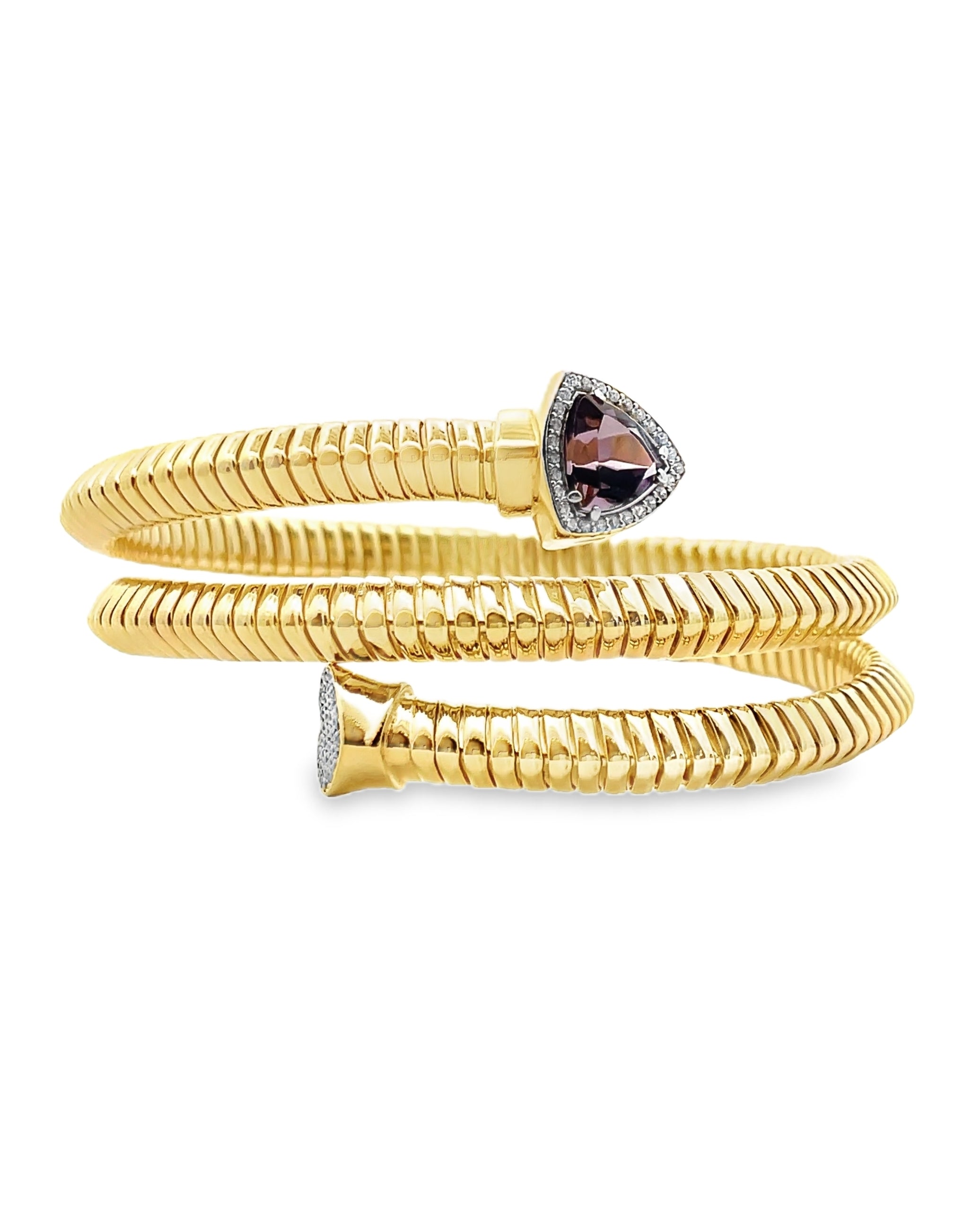 Marcello Pane Wrap Bangle Sterling Silver Bracelet with 18K Yellow Gold Overlay and Purple Triangular Cubic Zirconia