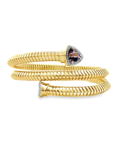 Marcello Pane Wrap Bangle Sterling Silver Bracelet with 18K Yellow Gold Overlay and Purple Triangular Cubic Zirconia
