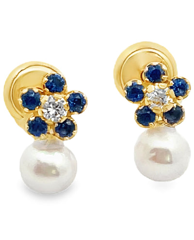14K Yellow Gold Blue Flower & Pearl Post Earrings with Screwbacks