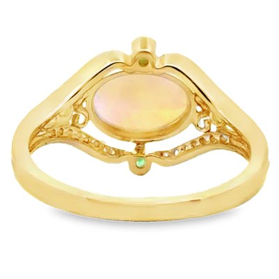 14K Yellow Gold Ring with Oval Opal 0.57 Carat, Round Diamonds 0.14 Ct and Green Garnets 0.07 Ct