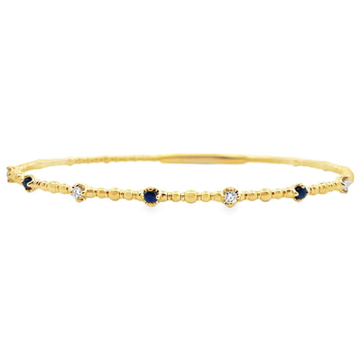 14K Yellow Gold Seven Station 0.13 Carat Sapphire, 0.12 Carat Diamond Flexible Bangle Bracelet
