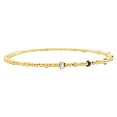 14K Yellow Gold Seven Station 0.13 Carat Sapphire, 0.12 Carat Diamond Flexible Bangle Bracelet