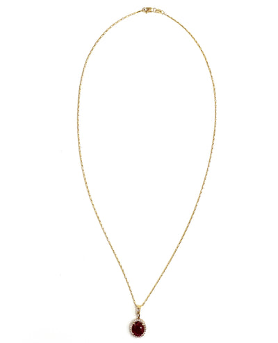 18K Yellow Gold Necklace with Oval Ruby Pendant and Halo Diamonds