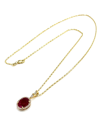 18K Yellow Gold Necklace with Oval Ruby Pendant and Halo Diamonds