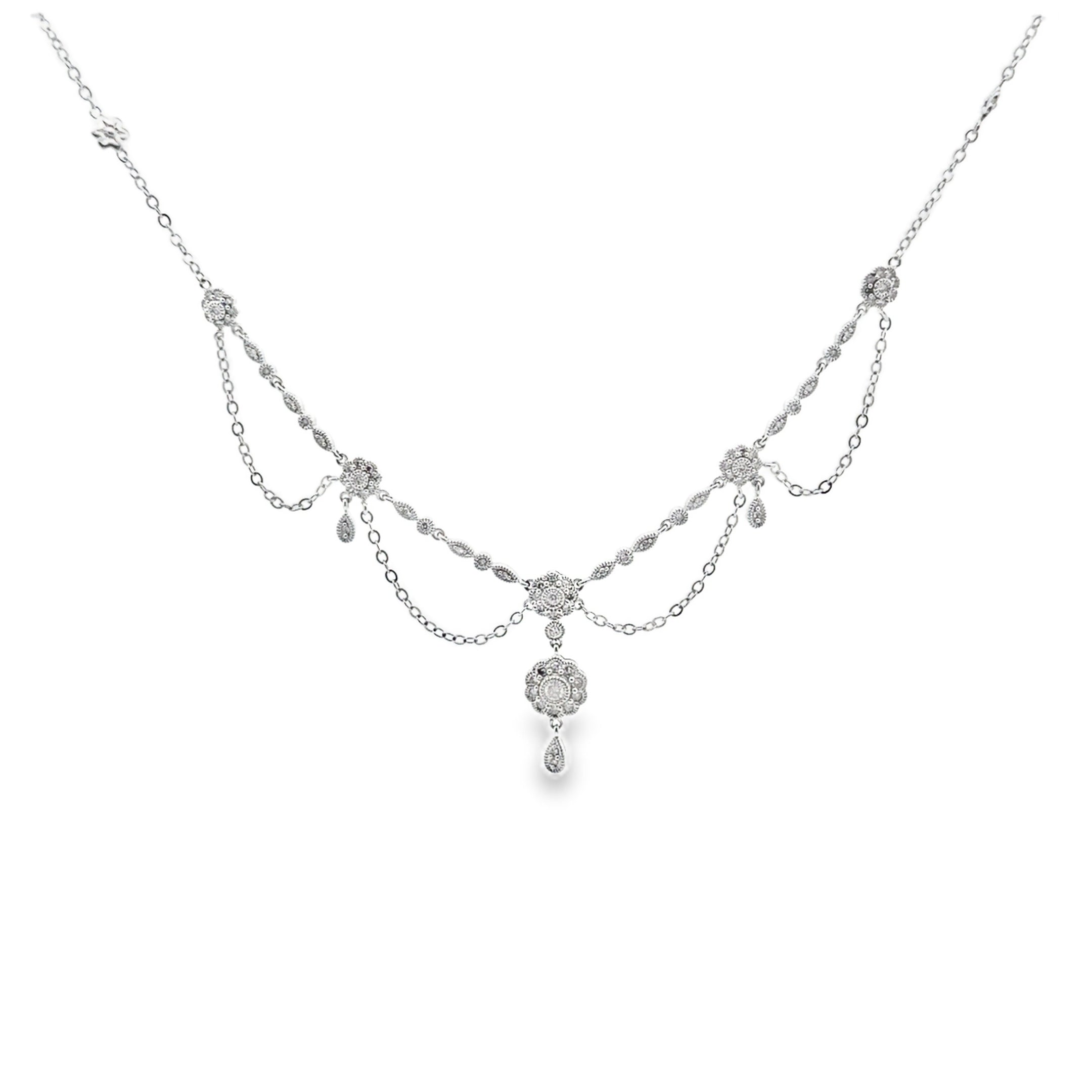 Pre-Owned Vintage 14K White Gold Festoon Necklace with Floral Motif Stations and Approximately 1.00 Carats of Single-Cut and Old-Cut Diamonds