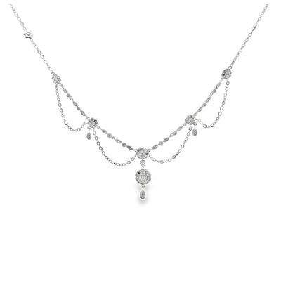 Pre-Owned Vintage 14K White Gold Festoon Necklace with Floral Motif Stations and Approximately 1.00 Carats of Single-Cut and Old-Cut Diamonds
