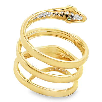 18K Yellow Gold Snake Wrap Ring with Diamonds & Emeralds