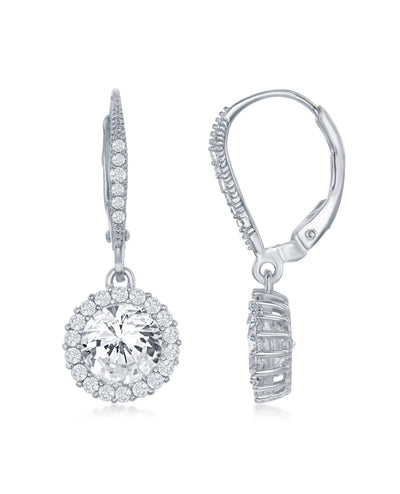 Sterling Silver Dangling Earrings with Round Cubic Zirconia and Halo Cubic Zirconia