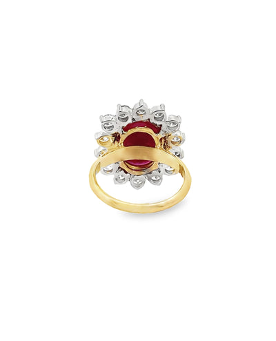 Starburst 18K Yellow Gold Ring, Prong Set Oval Cabochon Ruby & Round Diamonds