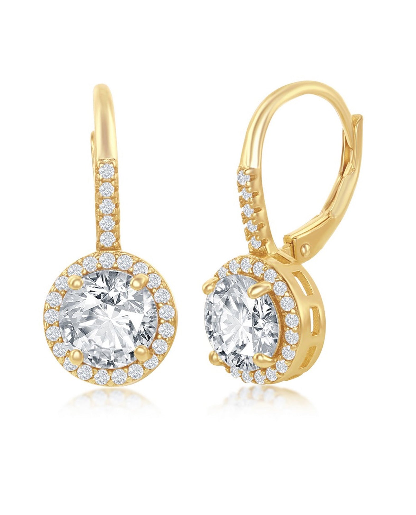 Sterling Silver Round Drop Earrings with Halo CZ and Gold Plating