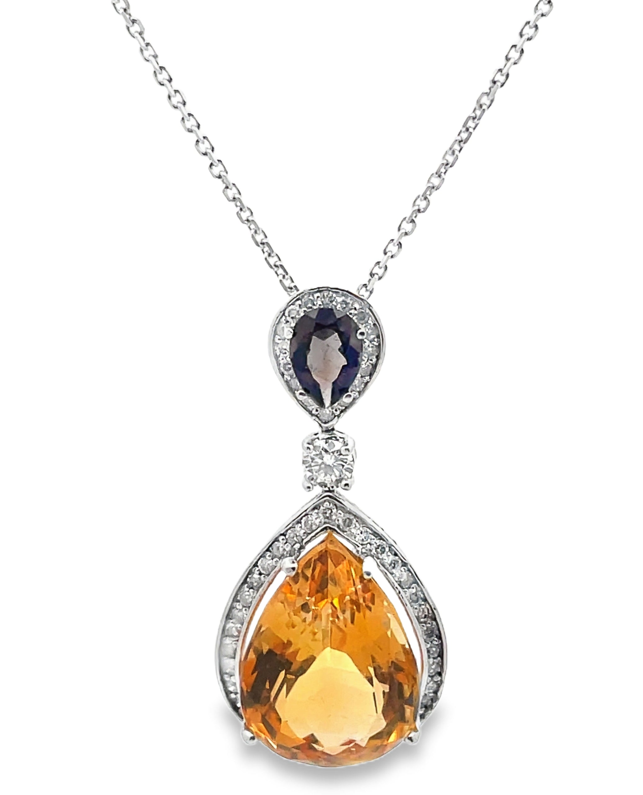 14K White Gold Necklace with 12.28 Carat Citrine, Smokey Topaz and Diamonds