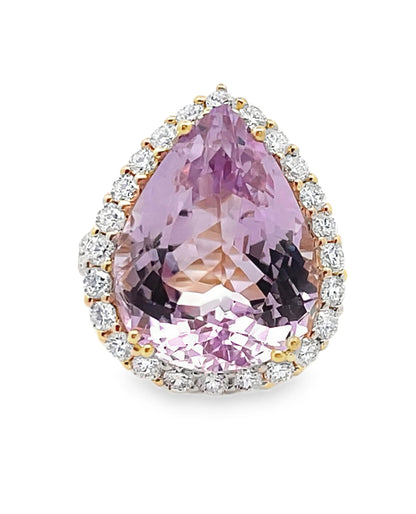 Pear Shaped Kunzite Set in Diamond Halo Ring in 14K Yellow Gold