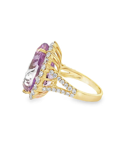 Pear Shaped Kunzite Set in Diamond Halo Ring in 14K Yellow Gold