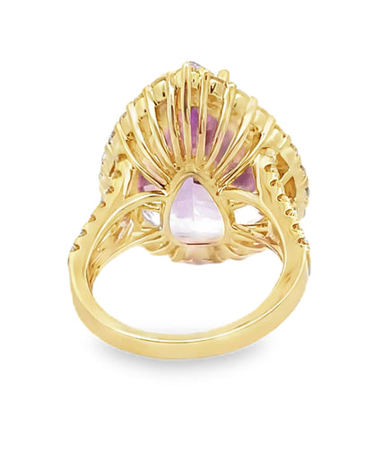 Pear Shaped Kunzite Set in Diamond Halo Ring in 14K Yellow Gold