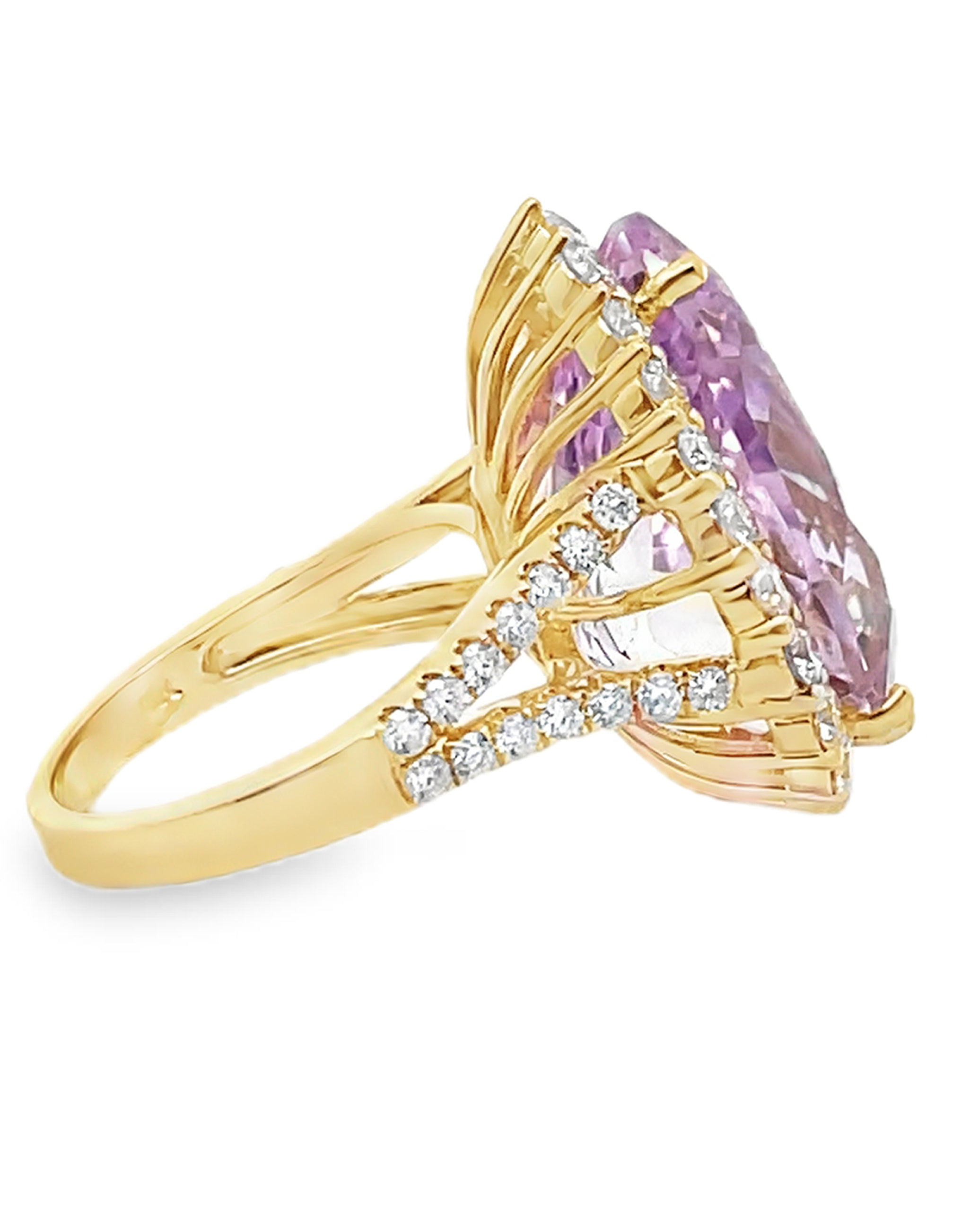 Pear Shaped Kunzite Set in Diamond Halo Ring in 14K Yellow Gold